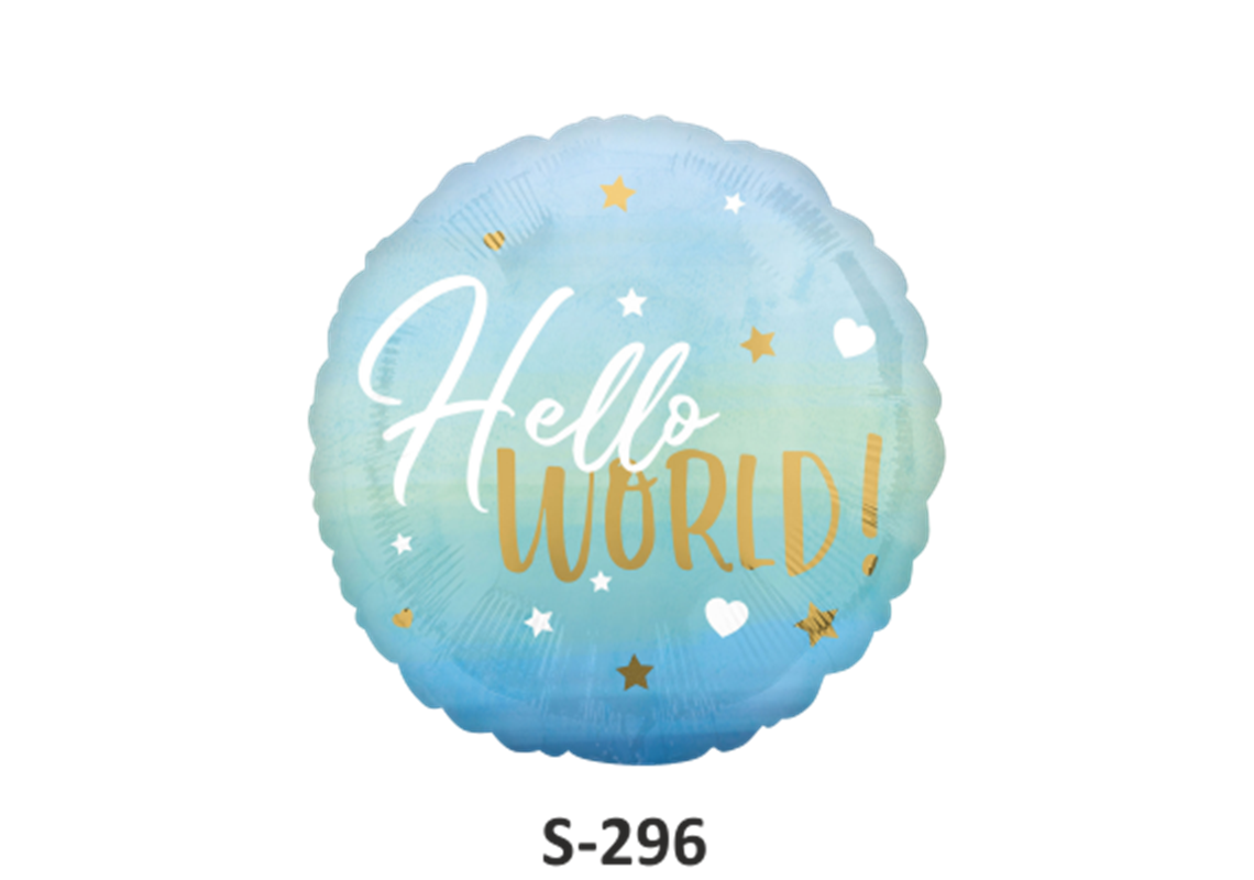 Geburt Folienballon Hello World Blau und Gold Ø 38 cm