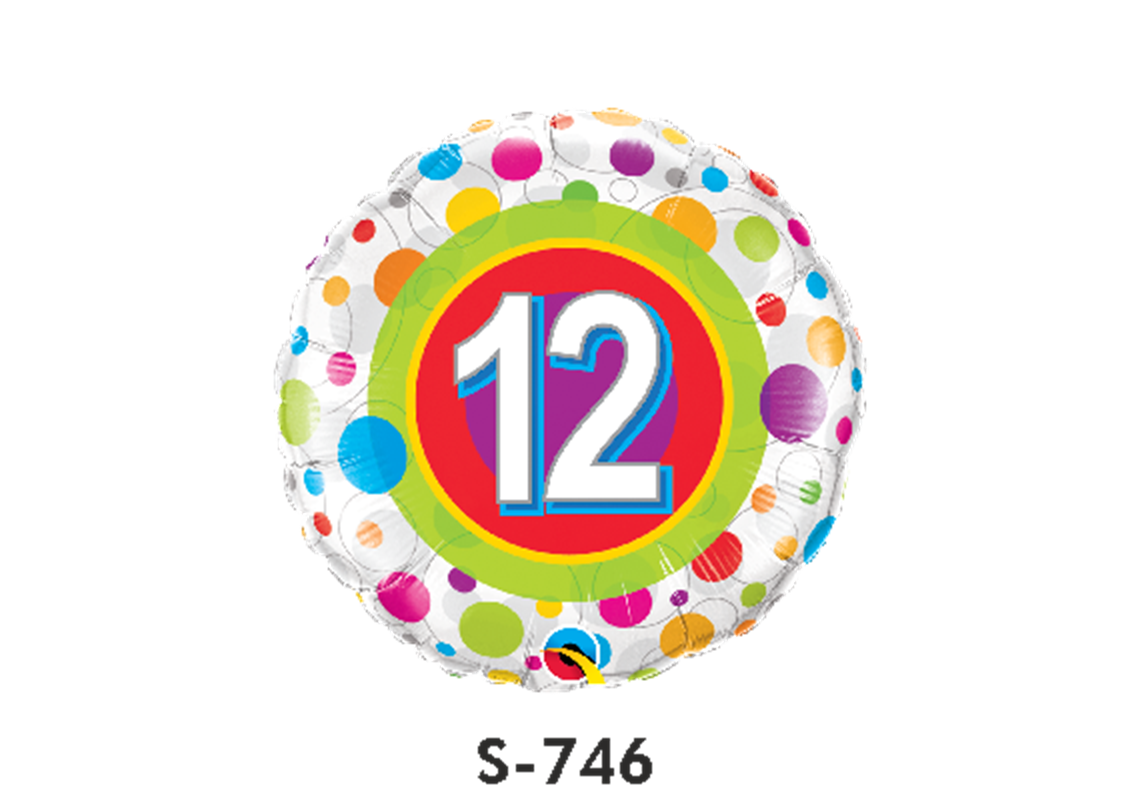 Folienballon Geburtstag / Happy Birthday Zahl - 12 - Bunte Punkte Ø 38 cm
