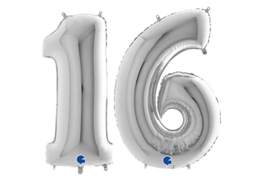 Zahlenfolienballons 16 (SECHZEHN) in SILBER 80cm