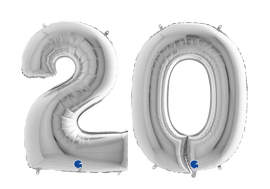 Zahlenfolienballons 20 (ZWANZIG) in SILBER 80cm