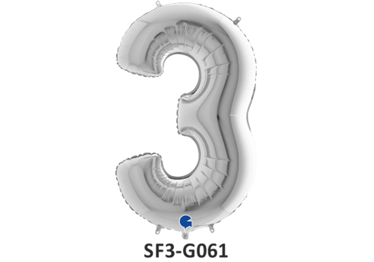 Zahlenfolienballon - Zahl 3 (drei) - in SILBER 80 cm