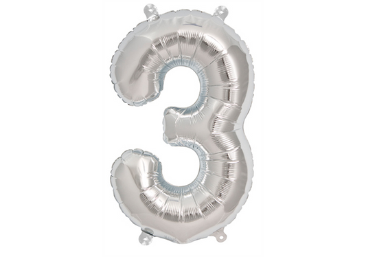 Mini-Zahlenfolienballon - Zahl 3 (drei) - in SILBER 35CM