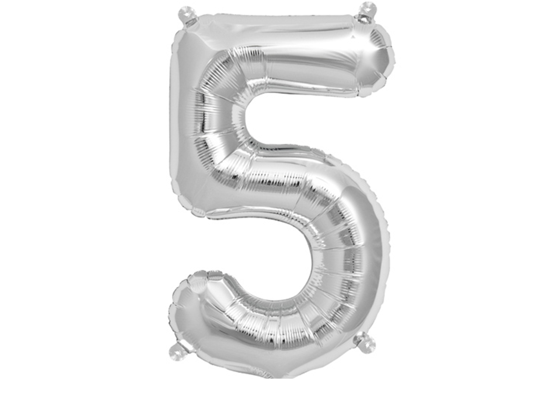 Mini-Zahlenfolienballon - Zahl 5 (fünf) - in SILBER 35CM