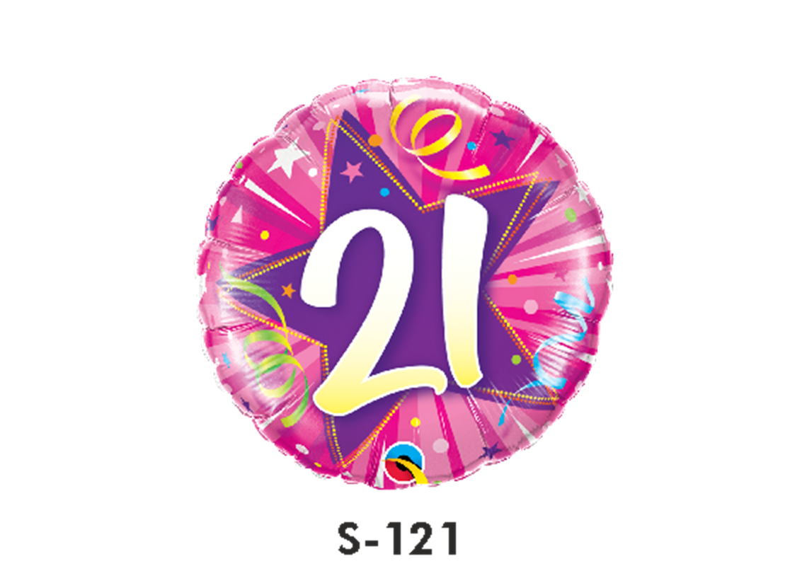Folienballon Geburtstag / Happy Birthday Zahl - 21 - Luftschlangen Pink & Lila Ø 38 cm