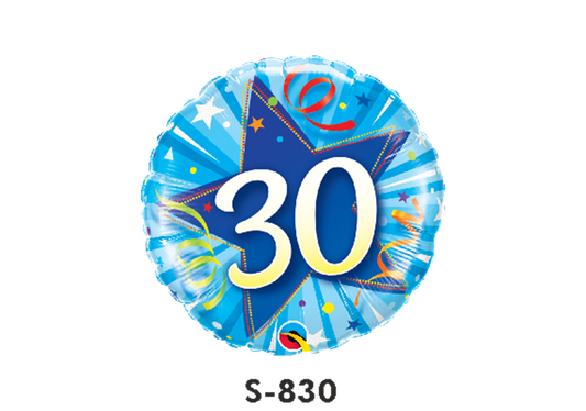 Folienballon Geburtstag / Happy Birthday Zahl - 30 - Luftschlangen Blau Ø 38 cm