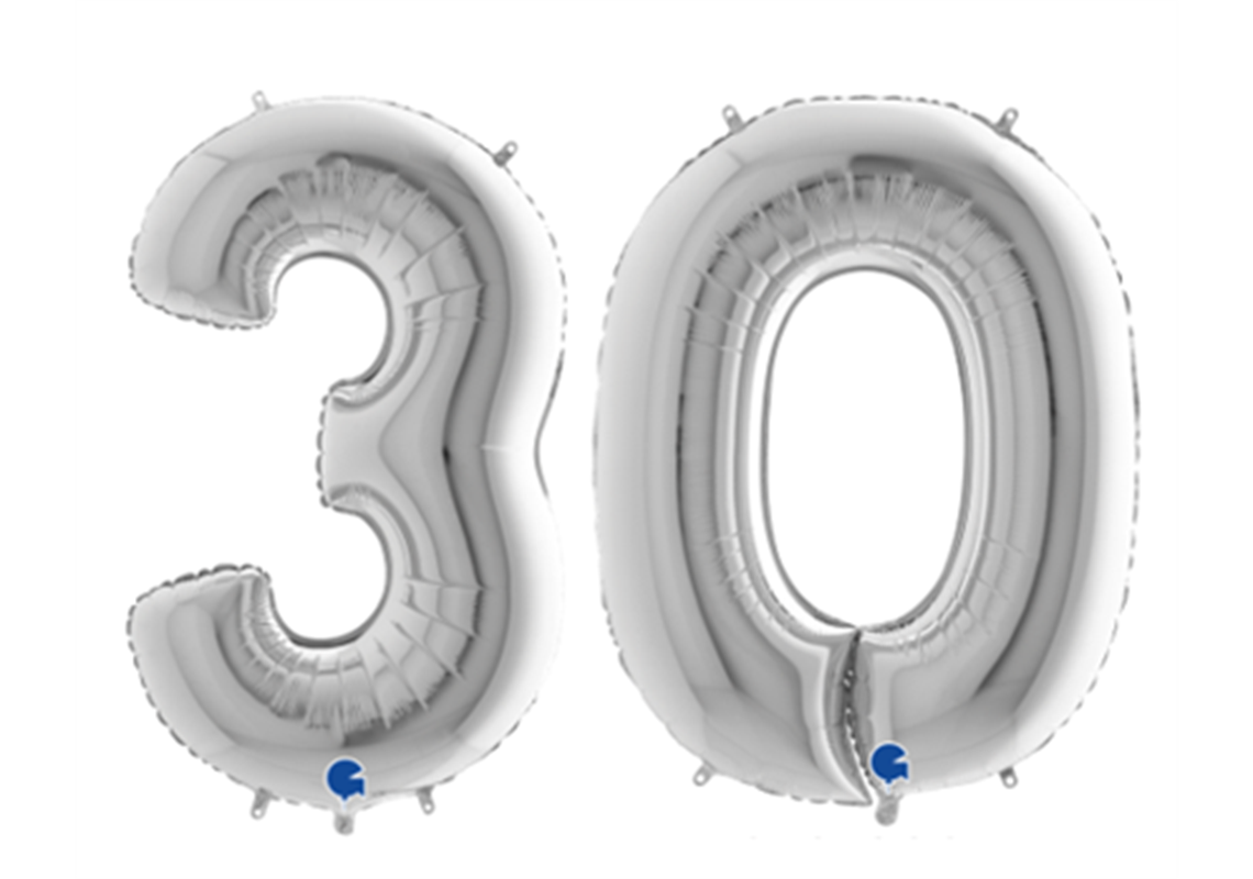 Zahlenfolienballons 30 (DREISSIG) in SILBER 80cm